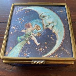 Vermont glass trinket box, vintage, made in Mexico. Brass, enamel, cobalt moon